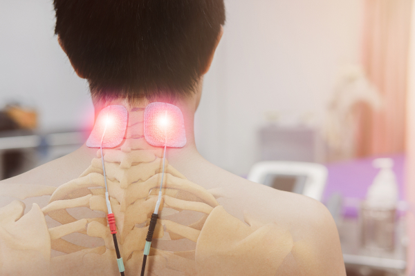 The image illustrates an electrodiagnostic test for neck pain.
