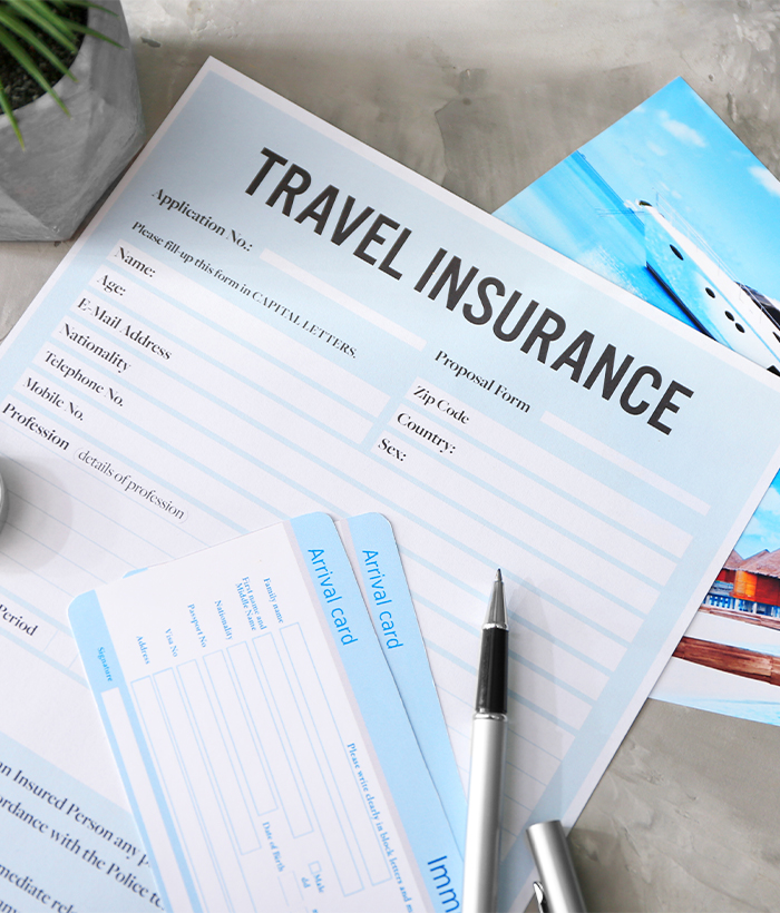 Travel insurance form and arrival card at immigration illustrates the travel to India for medical visits.